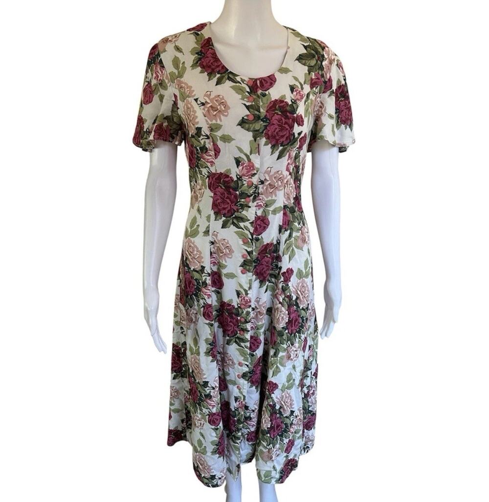 Vintage Chiasso Floral Midi Dress 5/6 Rose Print Lace Back Rayon Cottagecore